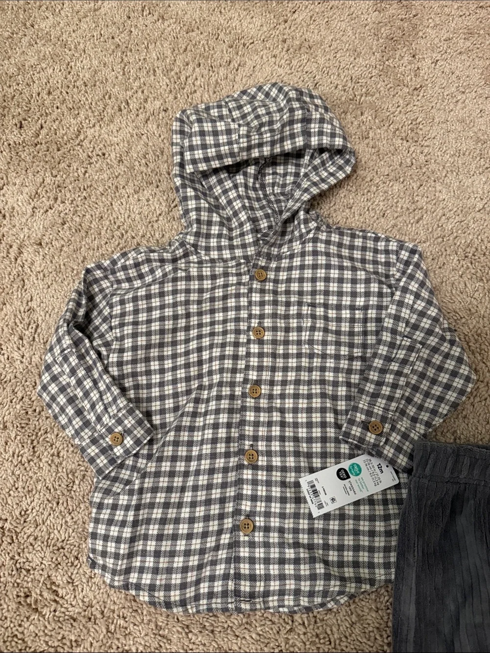 Carter's Gray Plaid Hooded Shirt and Charcoal Pants Matching Set size 12M-NWT